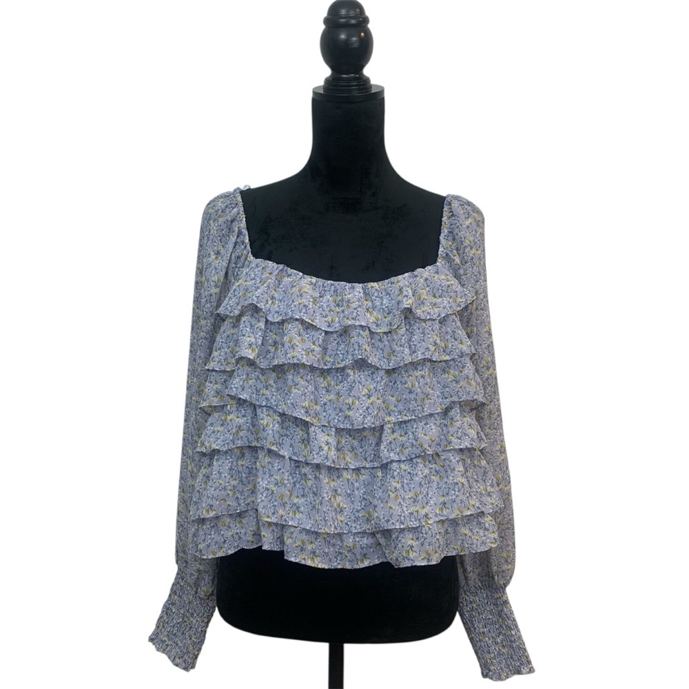 Astr Women's L Floral Ruffled‎ Blouse Light Blue Cropped Long Sleeves Peasant